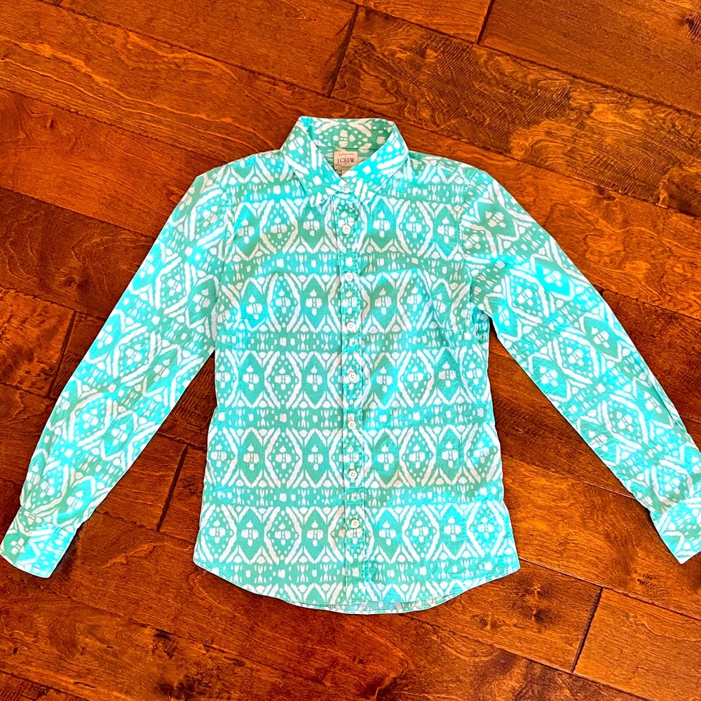 J. CREW “Perfect Shirt” Turquoise Geometric Print Button-Down Size XXS